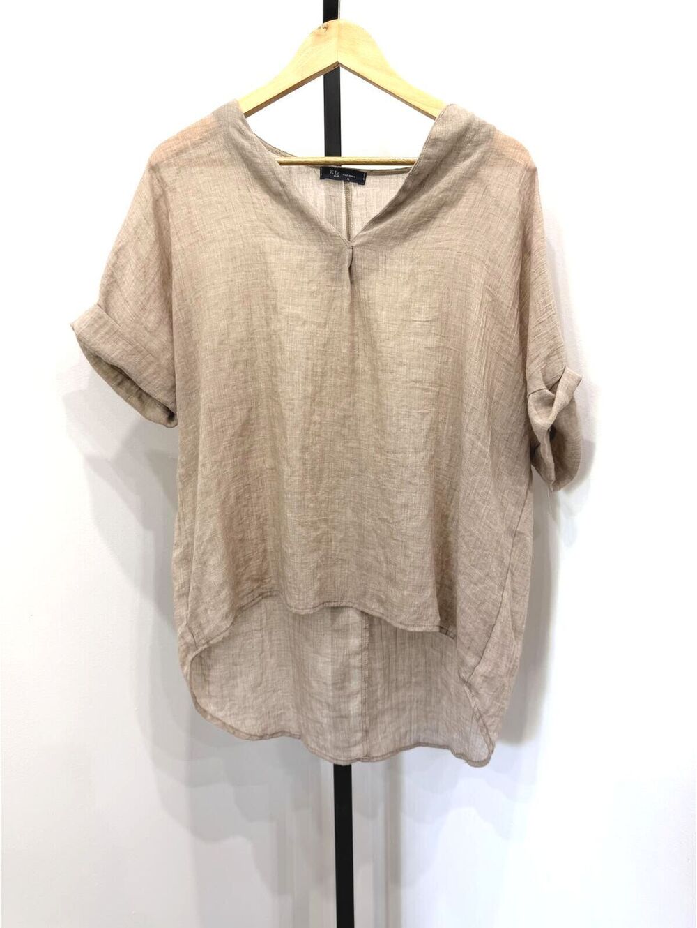 KLD Medium Beige Linen V-Neck Short Sleeve Blouse with Rolled Sleeves